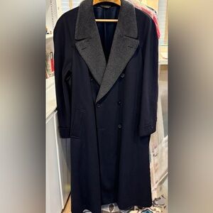 Neiman Marcus Dark Blue 100% Wool Trench Coat with Gray Collar